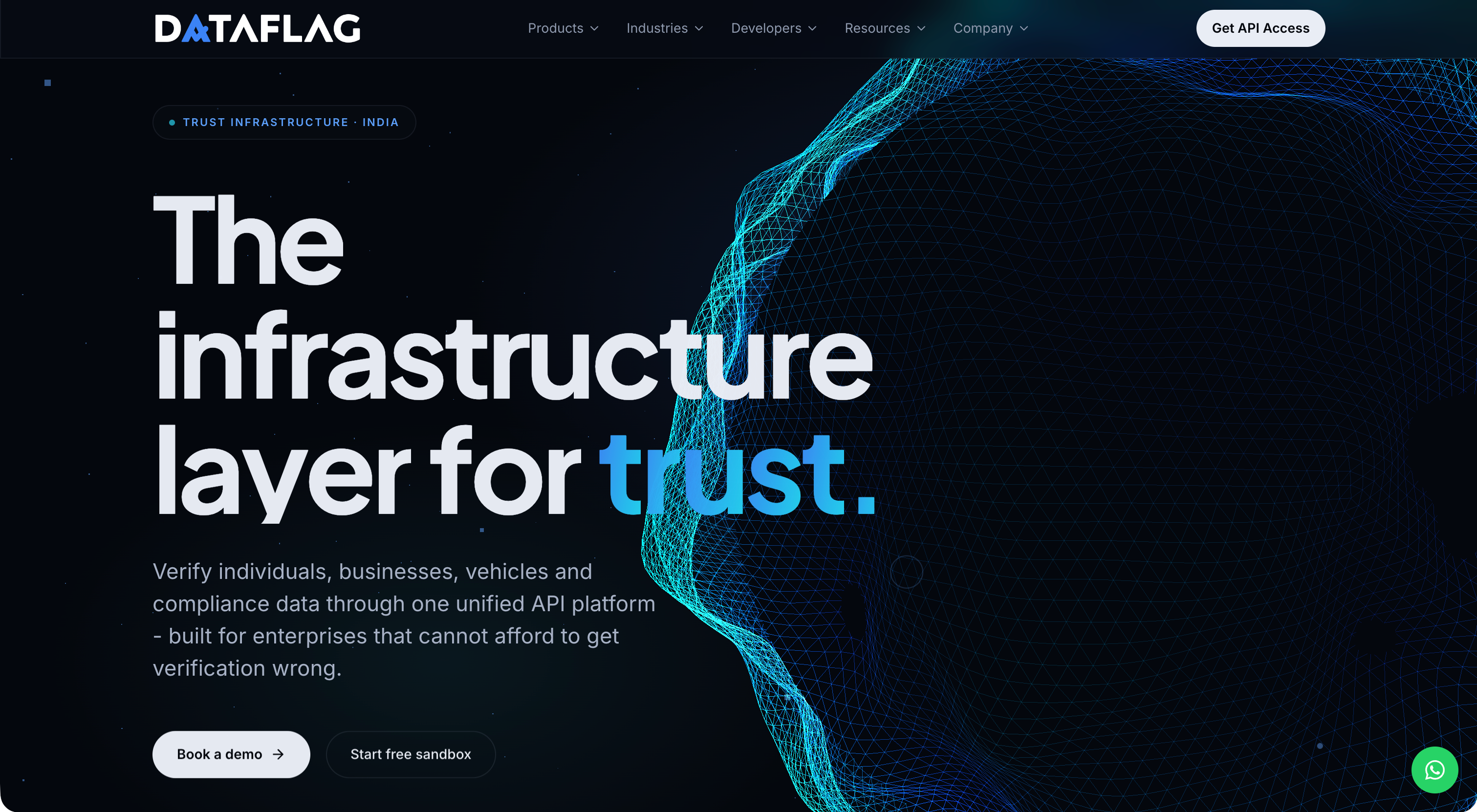 DataFlag homepage headed “The infrastructure layer for trust”, describing verification of individuals, businesses, vehicles and compliance data through one unified API platform